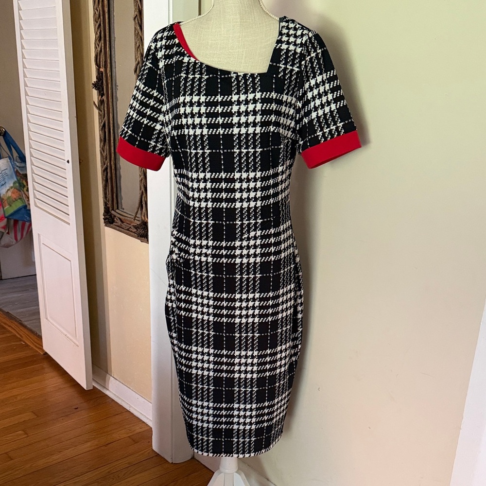 Elegant Black and White Plaid Dress with Red Accents